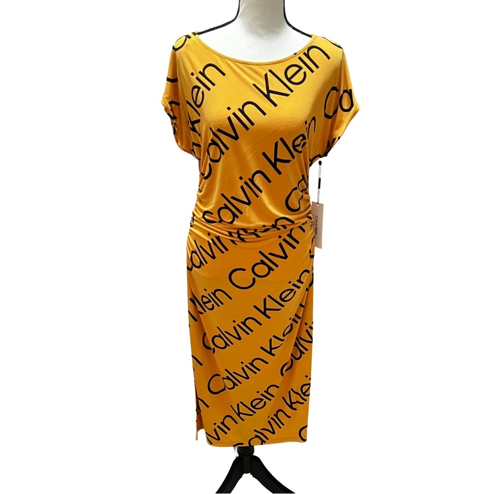 Calvin Klein Logo Print Rushed Short Sleeve Designer Bodycon Dress Sz 12‎ Yellow
